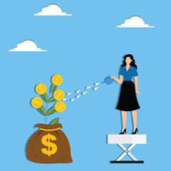 Financial or investment growth concept. Businesswoman investor planting and watering money tree with gold coin