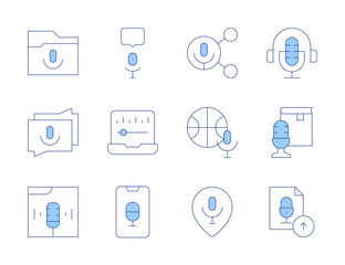 Podcast icons. Line Duotone style, editable stroke. application, microphone, share, upload, podcast, placeholder, chat, laptop, headphone
