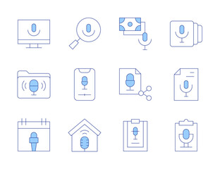 Podcast icons. Line Duotone style, editable stroke. smartphone, podcast, script, search, share, studio, transcription, calendar, folder