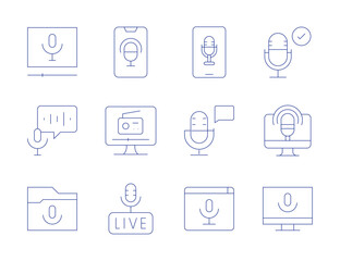 Podcast icons. Thin Line style, editable stroke. application, asmr, computer, live, podcast