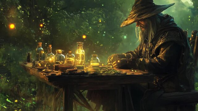 A Mystical Wizard Skillfully Crafting Exciting Potions in Enchanted Forest