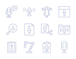Podcast icons. Thin Line style, editable stroke. podcast, rating, script, search, share, broadcasting, browser, file, folder, mic