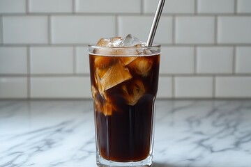 A cold brew coffee in a tall glass with ice cubes and a metal straw, sitting on a marble countertop