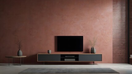 Interior with sleek lcd tv on beige console and pink stone background
