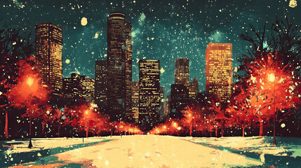 Houston, Texas, classic traditional Christmas wood block print effect. Woodblock Xmas theme printing. Graphic designed, illustration for travel poster, card, wallpaper, backdrop or banner