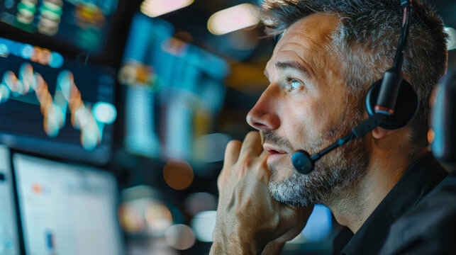 Trader on the trading floor making a call while monitoring market activity in a bustling financial environment - Powered by Adobe