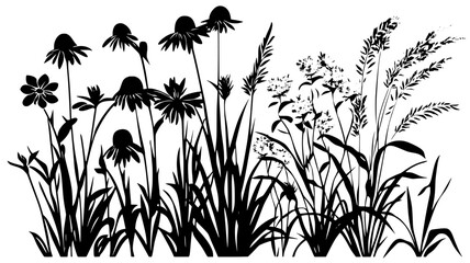 Coneflowers growing in a prairie garden with ornamental grasses, vector illustration art