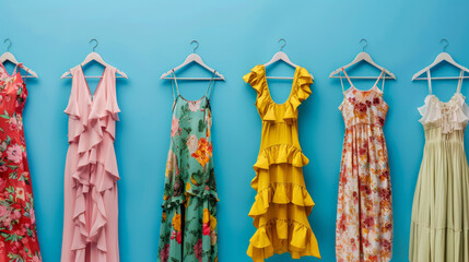 Colorful summer dresses displayed against a bright blue background showcasing various styles and patterns for fashion enthusiasts