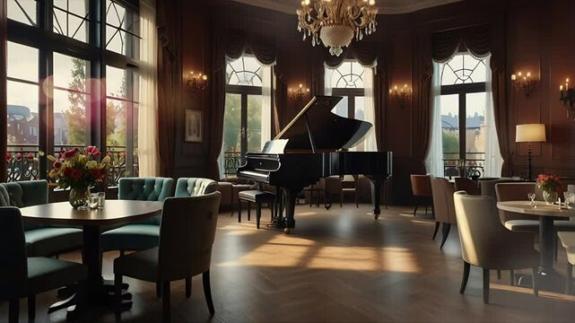 A piano in a fancy luxury restaurant. Seamless 4K looping timelapse video animation background