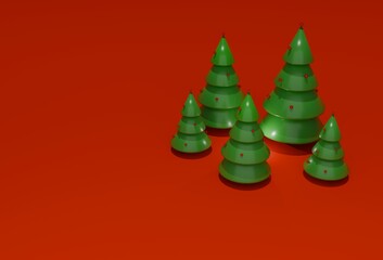 3d Christmas fir tree decorated with ornaments, isolated on red background.