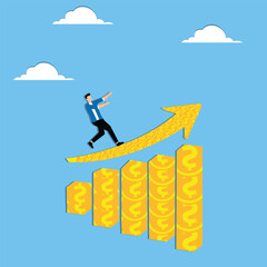 Obraz premium Financial or investment growth concept. Businessman running forward on growing stack of gold coins. Flat vector illustration on white backround