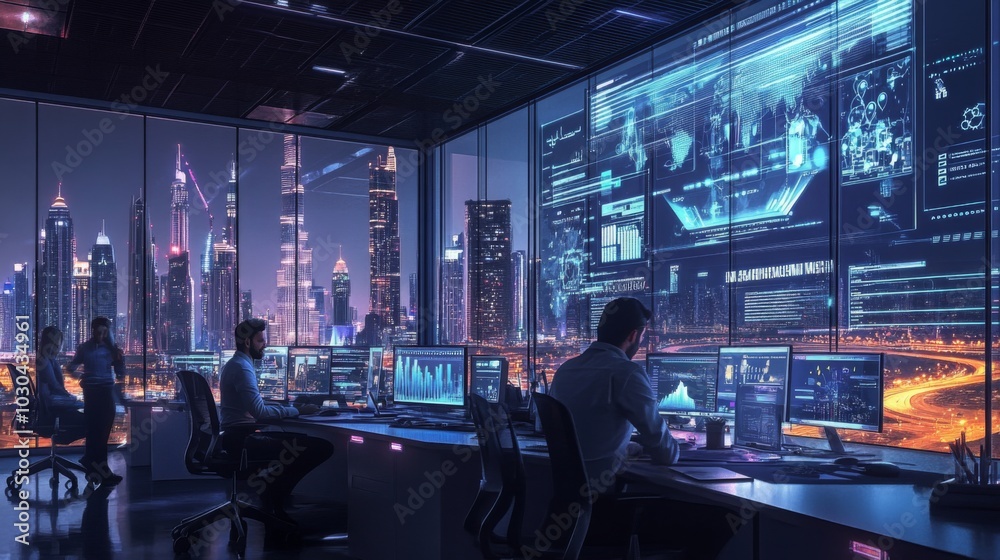 Poster A high-tech control room features multiple screens displaying data and graphics. Two people are focused on their tasks, while the city's illuminated skyline contrasts with the twilight sky outside.