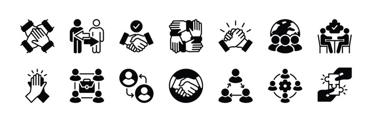 Successful business collaboration icon set. Containing teamwork, cooperation, team working together, agreement, handshake,  support, help, group people, partnership, organization. Vector illustration
