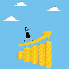 Obraz premium Financial or investment growth concept. Businesswoman running forward on growing stack of gold coins. Flat vector illustration on white backround