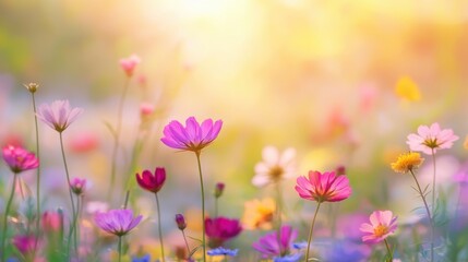Fototapeta premium Colorful wildflowers in the meadow, blurred background, sunlight, beautiful nature landscape with colorful flowers in the field at sunset, during spring or summer. 