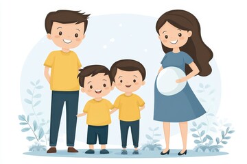 Obraz premium Cute family illustration of parents with two young boys and a pregnant mother symbolizing family growth love and anticipation with soft colors and a minimalistic background