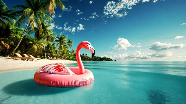 A pink flamingo float drifts in the turquoise water off a tropical beach on a sunny day