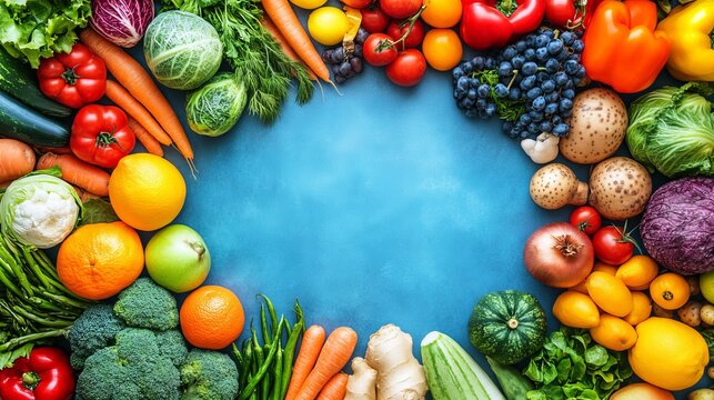 Una variedad de frutas y verduras frescas dispuestas en forma circular alrededor de un fondo azul vac&iacute;o, resaltando su frescura y colores vibrantes.
