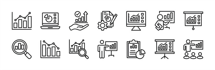 Data analytics thin line icon set. Containing database, statistics, monitoring, computing, technology, research, management, chart up and down, report, diagram, graph, information. Vector illustration