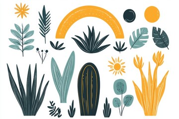 Whimsical botanical illustration with abstract plants leaves and flowers in shades of orange yellow and green evoking a playful nature inspired design with soft artistic elements