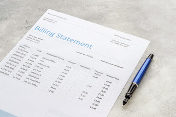 Payment for medical services. Medical health care billing statement in hospital, top view