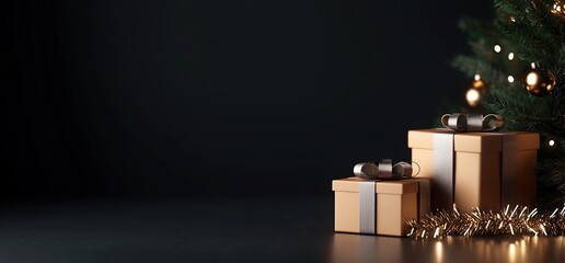 Christmas presents on a dark banner for New Year celebrations