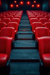 Empty Cinema Hall with Red Seats and Ambient Lighting Awaiting Guests