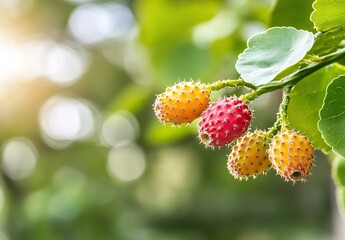 Close-up of cactus fruits surrounded by green leaves with blurred background