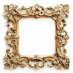 Ornate gold baroque frame with intricate carvings on white background for decoration