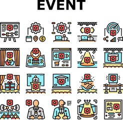 event agency party business icons set vector. birthday wedding organization, corporate conference, presentation management, gala event agency party business color line illustrations