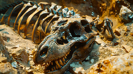 Naklejka premium Unearthing a dinosaur skeleton at an excavation site, with fossilized bones partially exposed against the earth, highlighting paleontology exploration