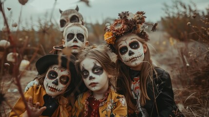 A group of children dressed in Halloween costumes are posing for a picture