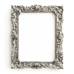 Ornate silver vintage frame with floral design on white isolated background
