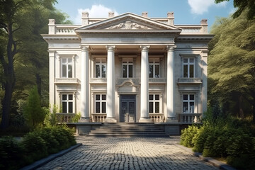 Obraz premium A majestic neoclassical mansion with imposing columns, a pediment adorned with intricate carvings, and symmetrical windows, framed by lush greenery and a cobblestone driveway.