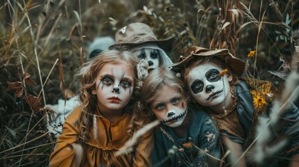 Four children are dressed in Halloween costumes
