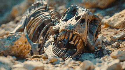 Unearthing a dinosaur skeleton at an excavation site, with fossilized bones partially exposed...