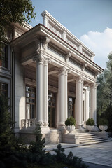 Obraz premium The exterior of a grand neoclassical building featuring tall Corinthian columns, intricate architectural details, and large windows, with a stately staircase leading up to the entrance.