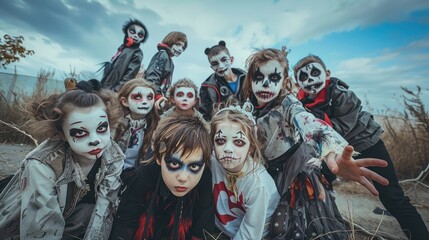 A group of children with Halloween makeup are posing for a picture