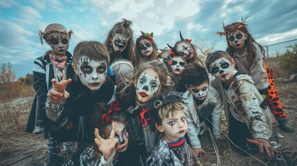 A group of children with Halloween makeup are posing for a picture