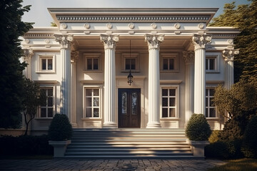 Obraz premium A grand neoclassical facade featuring four Corinthian columns, intricate architectural details, and large windows, with a wide staircase leading to the entrance.