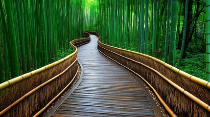 Fototapeta premium Bamboo Forest Path Winding Wooden Walkway with Natural Bamboo Fence
