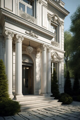 Fototapeta premium he entrance of a neoclassical building features grand Corinthian columns, an intricately carved facade, and large windows, with a set of stone steps leading to the door.