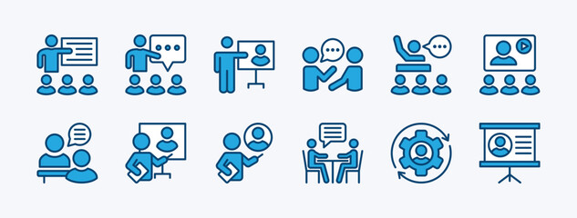 Set of business training and workshop excellent icon vector. Containing education, coaching, communication, presentation, discussion, learning, lecture, teaching, meeting, teamwork, briefing