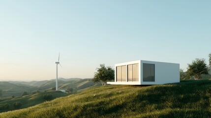 Eco-Friendly Modular House Design in Rural Landscape with Solar Panels and Wind Turbines - 3D Render Illustration
