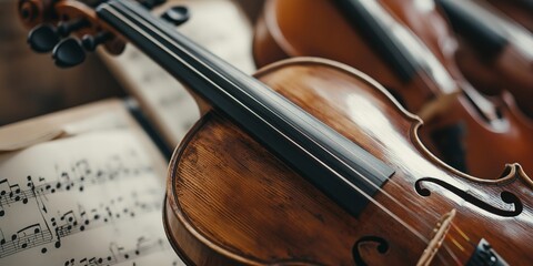 A violin rests on sheet music with other violins in the background, highlighting the beauty of string instruments.