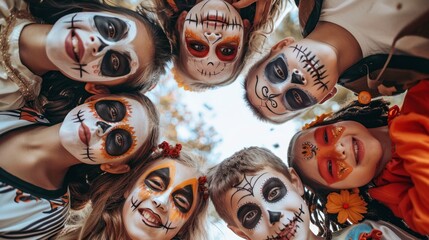 A group of children with Halloween face paint are standing in a circle