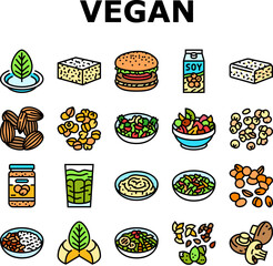 vegan food fresh organic icons set vector. vegetarian healthy, green fruit, diet nutrition, bio market, meal leaf vegetable vegan food fresh organic color line illustrations