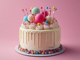 birthday cake topped with an array of colorful sweets and balloons, set against a cheerful pink background. the cake radiates joy and celebration, embodying the essence of a festive birthday party