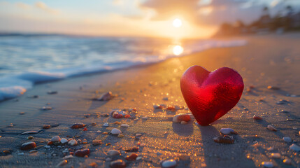 Fototapeta premium Valentines Day concept. Romantic love symbol of red heart on the sand beach with copy space. Template for Inspirational compositions and quote postcards