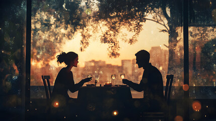 Romantic dinner for two at an intimate restaurant, soft candlelight ambiance, elegant table setting, heartfelt conversation, intimate atmosphere